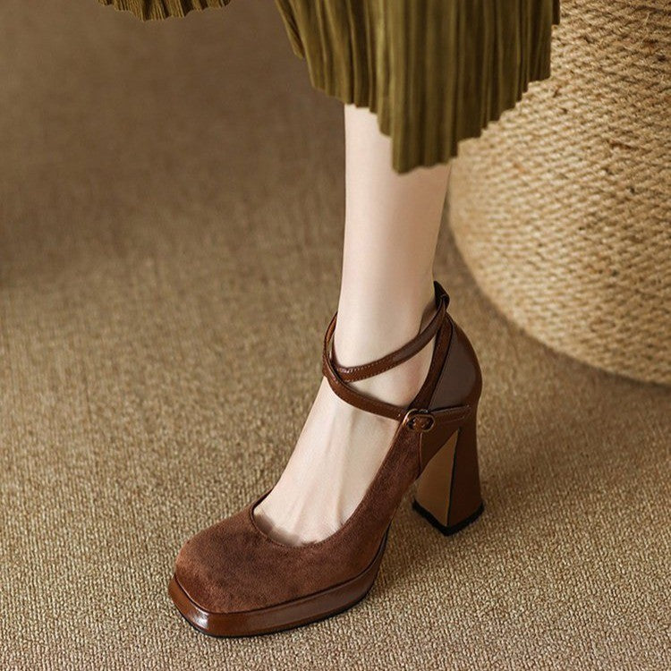 Women's Black Chunky Heel Cross Strap High Heels - Versatile Square Toe Design.