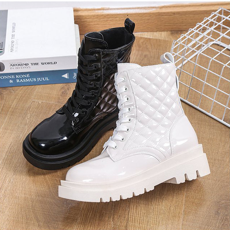 Lace-up Thick-heeled Boots Winter Casual Round Toe Platform Ankle Boots Women Fashion Quilted Pattern Minimalist Motorcycle Shoes - EnigmaParis