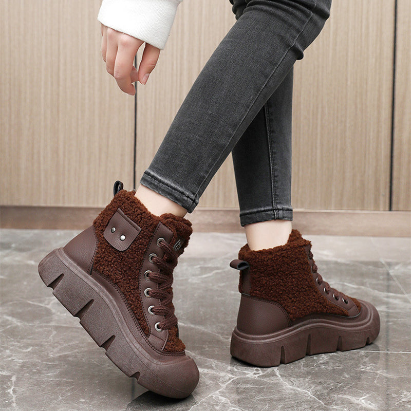 Lace-up High-top Flat Shoes For Women Winter Warm Cashmere Snow Boots Fashion Street Campus Students Height Increasing Shoes - EnigmaParis