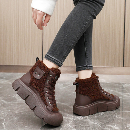 Lace-up High-top Flat Shoes For Women Winter Warm Cashmere Snow Boots Fashion Street Campus Students Height Increasing Shoes - EnigmaParis