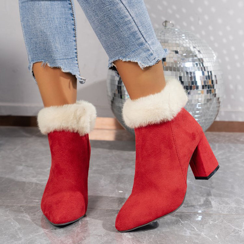 New Plaid Print Plush Ankle Boots Winter Fashoin Square Heel Suede Boots Women Casual Versatile Shoes Autumn And Winter - EnigmaParis