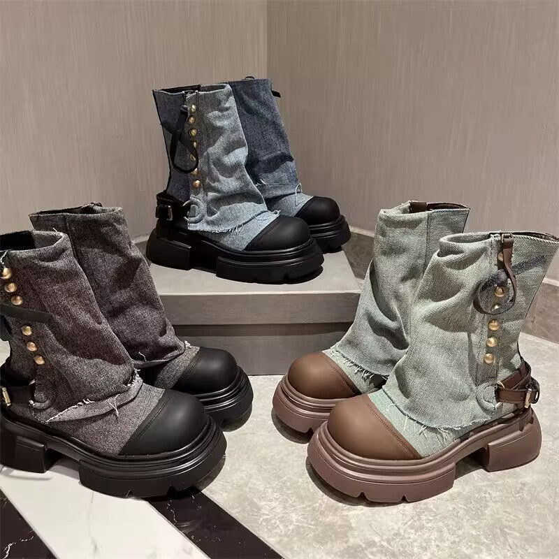 Women's Shoes Denim Metal Buckle Ankle Boots Round Head Thick Bottom Casual - EnigmaParis
