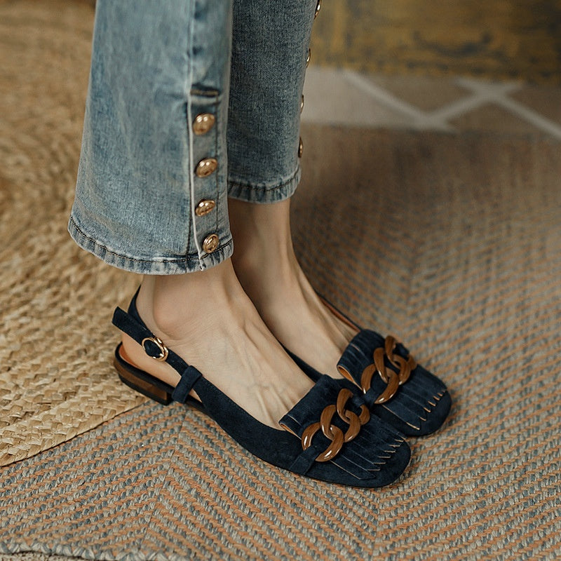 Women's Tassel Buckle Sandals Retro Square Toe.