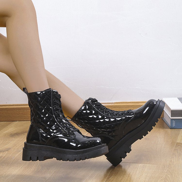 Lace-up Thick-heeled Boots Winter Casual Round Toe Platform Ankle Boots Women Fashion Quilted Pattern Minimalist Motorcycle Shoes - EnigmaParis