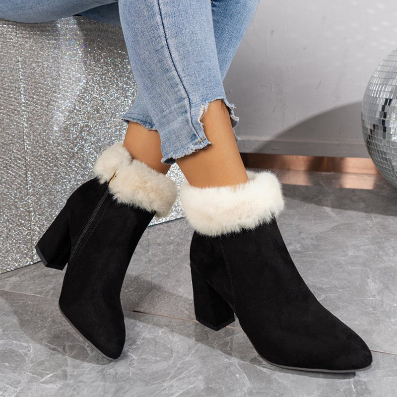 New Plaid Print Plush Ankle Boots Winter Fashoin Square Heel Suede Boots Women Casual Versatile Shoes Autumn And Winter - EnigmaParis