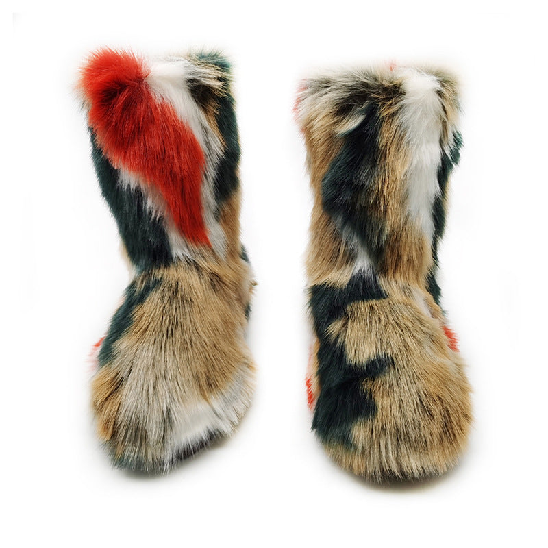 Women's Plush Snow Boots Plus Size Color Flat Women's Mid Boots - EnigmaParis
