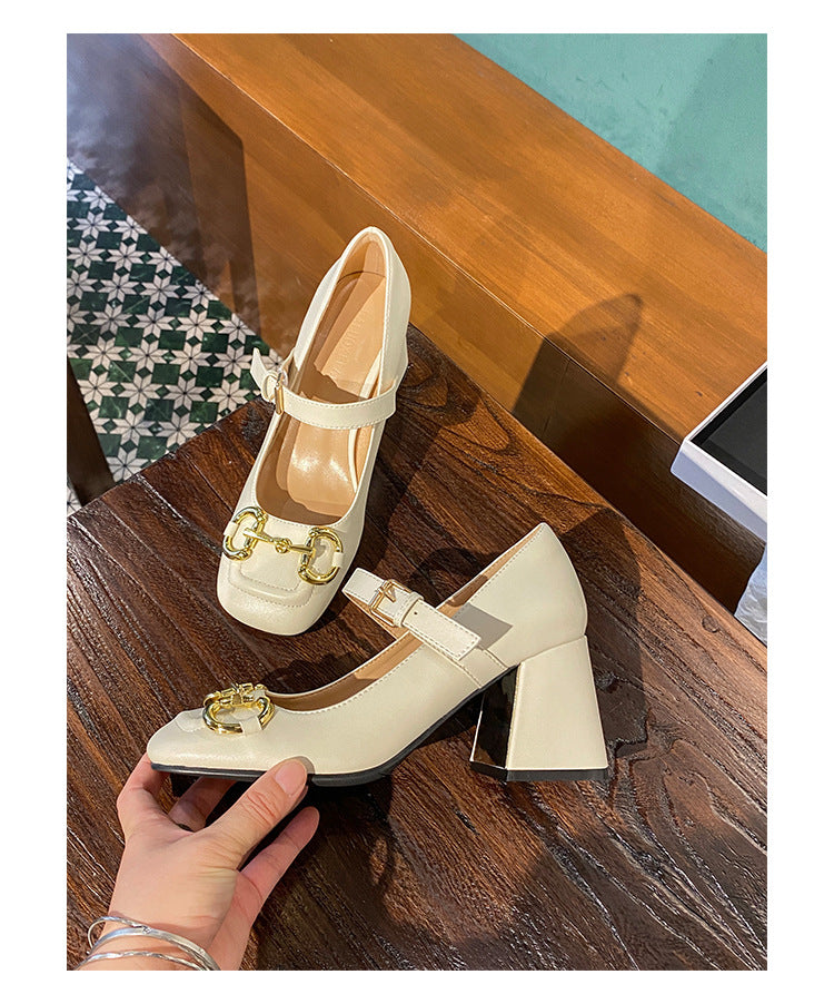 Women's High-heeled Mary Jane Shoes Horsebit Buckle Chunky Heel Square Toe Toe Cap - EnigmaParis