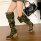Women's Round Head Camouflage Denim Chunky Heel Long Boots - EnigmaParis