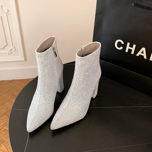 Pointed Toe Chunky Heel Sequined Fashion Women's Boots - EnigmaParis