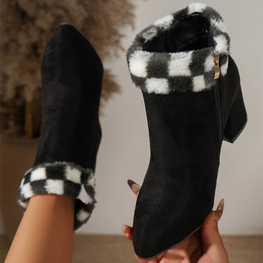 New Plaid Print Plush Ankle Boots Winter Fashoin Square Heel Suede Boots Women Casual Versatile Shoes Autumn And Winter - EnigmaParis