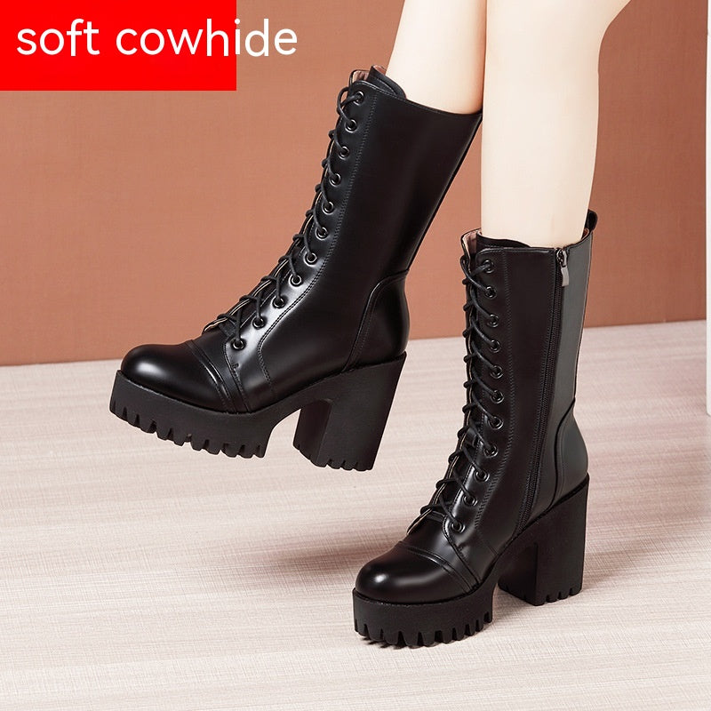 Leather High Heel Mid-calf Boots For Women Lace-up - EnigmaParis