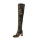 Women's Round Head Camouflage Denim Chunky Heel Long Boots - EnigmaParis
