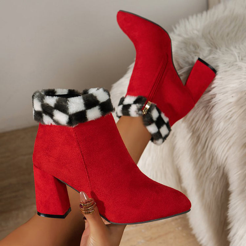 New Plaid Print Plush Ankle Boots Winter Fashoin Square Heel Suede Boots Women Casual Versatile Shoes Autumn And Winter - EnigmaParis