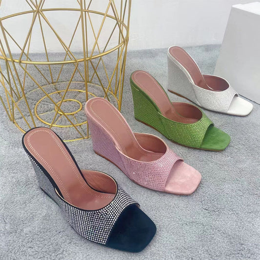 Summer New Square Toe Wedge Full Diamond Muller High Heels Slippers - EnigmaParis
