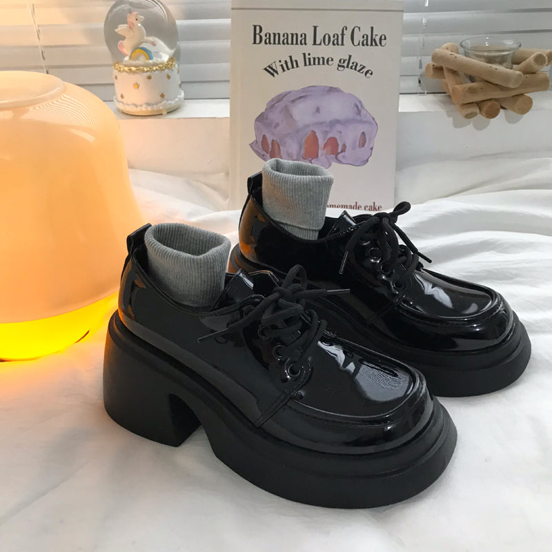 Thick High Heels With Lace Up Small Leather Shoes, Women's British Style Black Versatile High Rise Single Shoes - EnigmaParis
