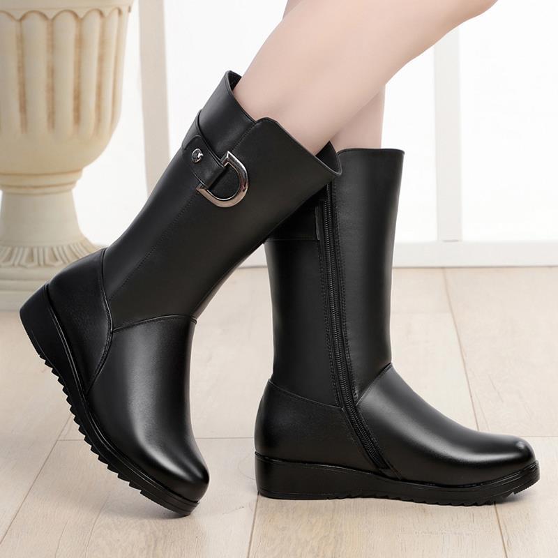 Winter Flat Non-slip Leather Shoes Fleece-lined Thermal Middle Tube Cotton Boots - EnigmaParis