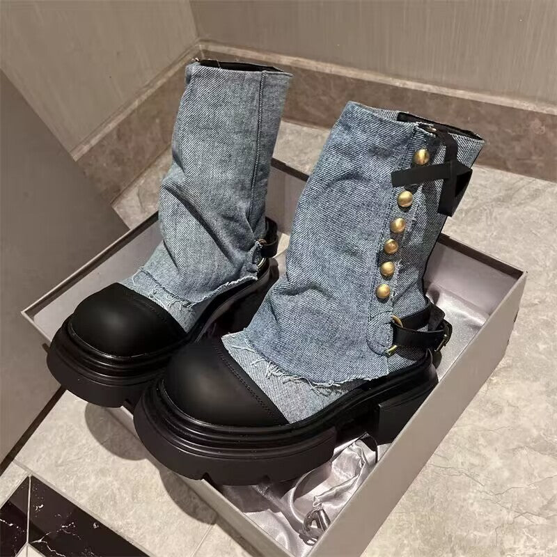 Women's Shoes Denim Metal Buckle Ankle Boots Round Head Thick Bottom Casual - EnigmaParis