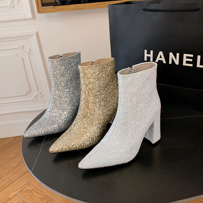 Pointed Toe Chunky Heel Sequined Fashion Women's Boots - EnigmaParis
