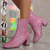 New Fashion Sequin Boots For Women Square Heel Side Zipper Shoes Lady Street Party Evening Boots Winter Autumn Spring - EnigmaParis