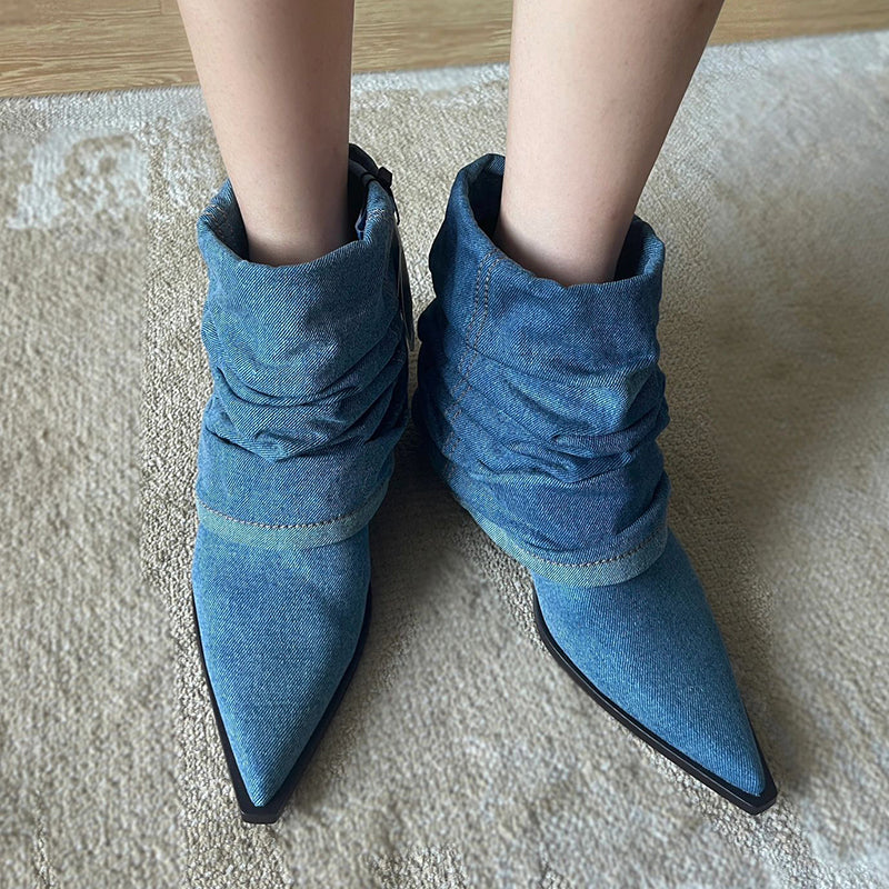 Thickened And Fashionable Pleated Denim Short Boots For Women - EnigmaParis