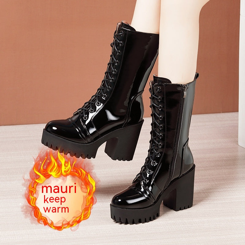 Leather High Heel Mid-calf Boots For Women Lace-up - EnigmaParis
