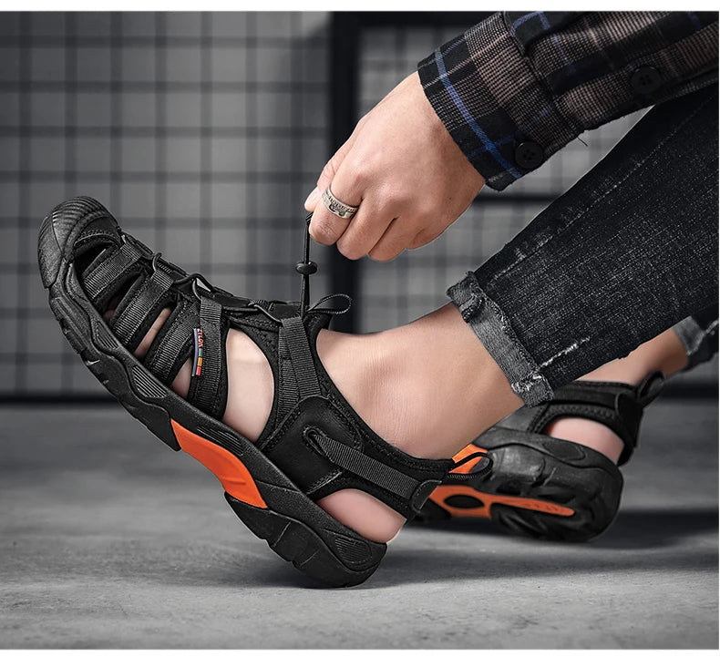 New Summer Genuine Leather Men Sandals Fashion Design Breathable Casual Shoes Men Soft Bottom Outdoor Beach Sandals Big Size 48