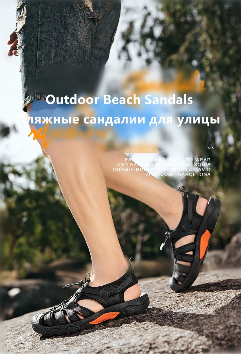 New Summer Genuine Leather Men Sandals Fashion Design Breathable Casual Shoes Men Soft Bottom Outdoor Beach Sandals Big Size 48