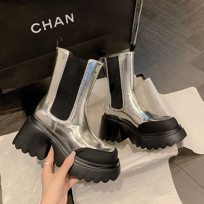 Autumn and Winter Cowhide Silver Platform Martin Boots - Women's High Heel Footwear.