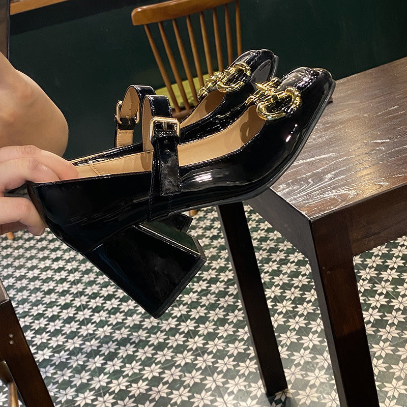 Women's High-heeled Mary Jane Shoes Horsebit Buckle Chunky Heel Square Toe Toe Cap - EnigmaParis