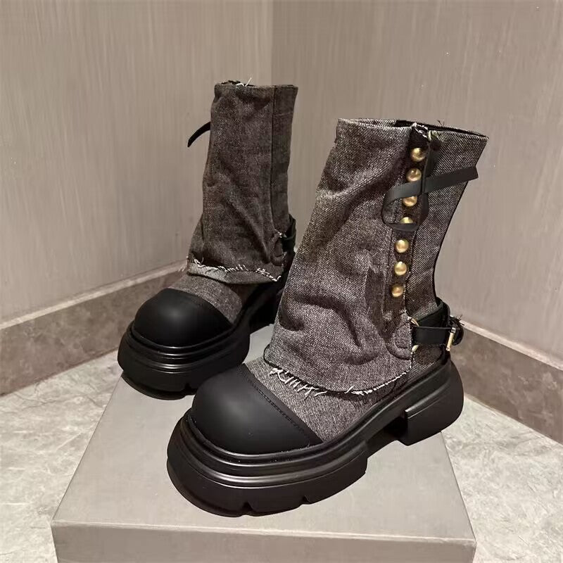 Women's Shoes Denim Metal Buckle Ankle Boots Round Head Thick Bottom Casual - EnigmaParis