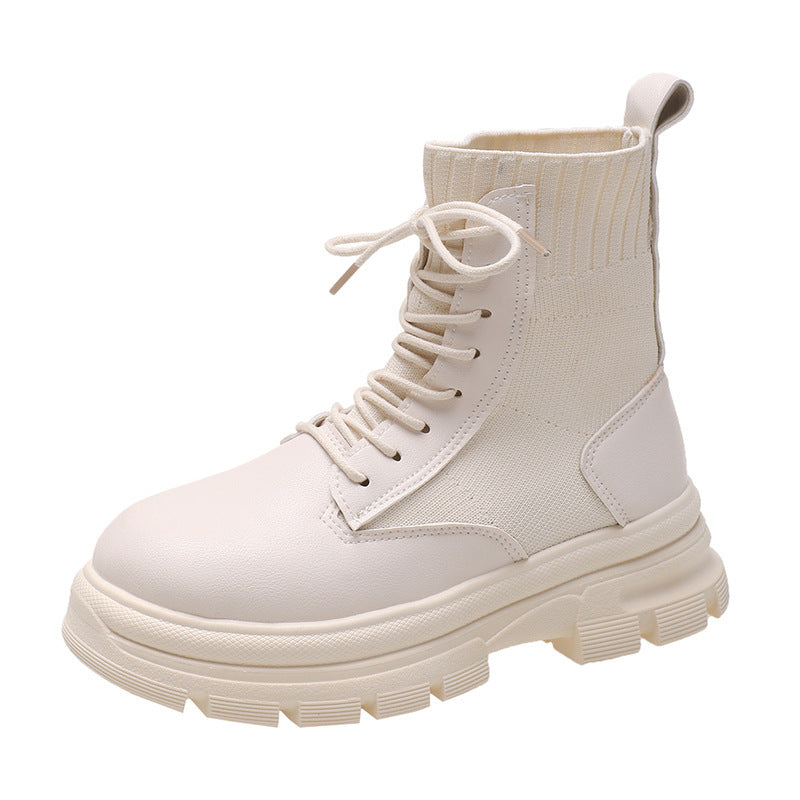 British Style Round Head Lace-up Knitted Mouth Casual Martin Boots Women - EnigmaParis