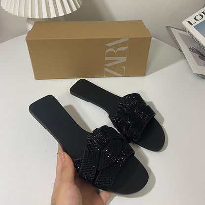 Stylish Rhinestone Flat Sandals: Open Toe, Perfect for Beach Wear - EnigmaParis
