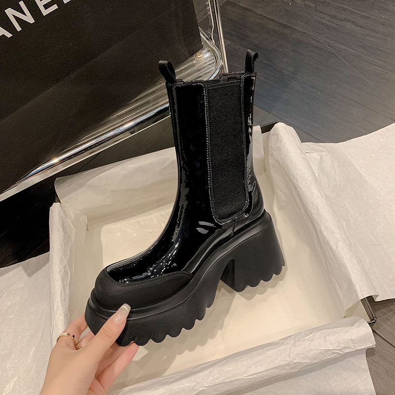 Autumn and Winter Cowhide Silver Platform Martin Boots - Women's High Heel Footwear.
