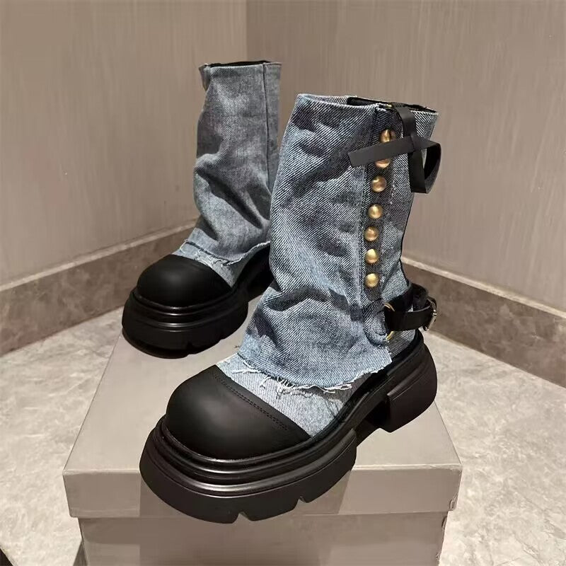 Women's Shoes Denim Metal Buckle Ankle Boots Round Head Thick Bottom Casual - EnigmaParis