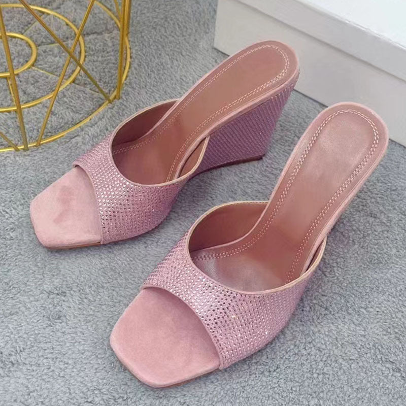 Summer New Square Toe Wedge Full Diamond Muller High Heels Slippers - EnigmaParis