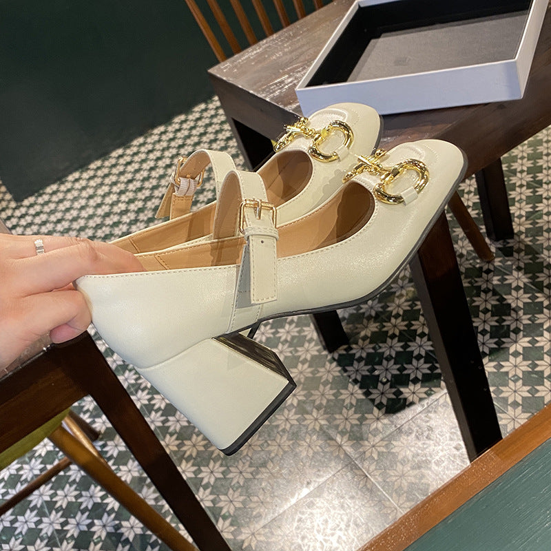 Women's High-heeled Mary Jane Shoes Horsebit Buckle Chunky Heel Square Toe Toe Cap - EnigmaParis