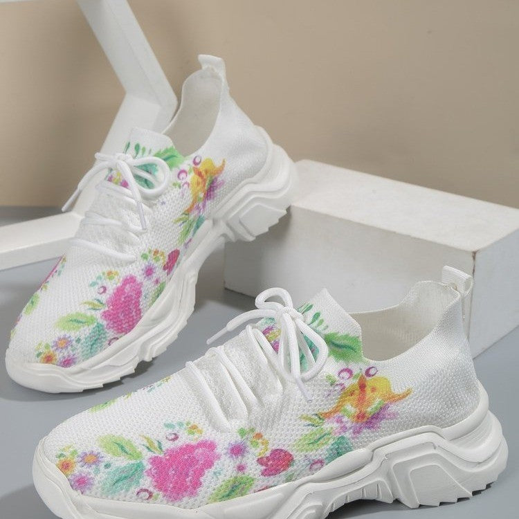 Floral Burst Casual Flower Sports Shoes - Women's Plus Size Flat Bottom Sneakers.