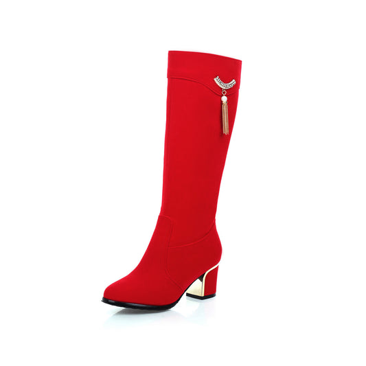 Women's Suede Boots with Metal Rhinestone Pendant - Stylish High Heel Footwear for All Sizes.