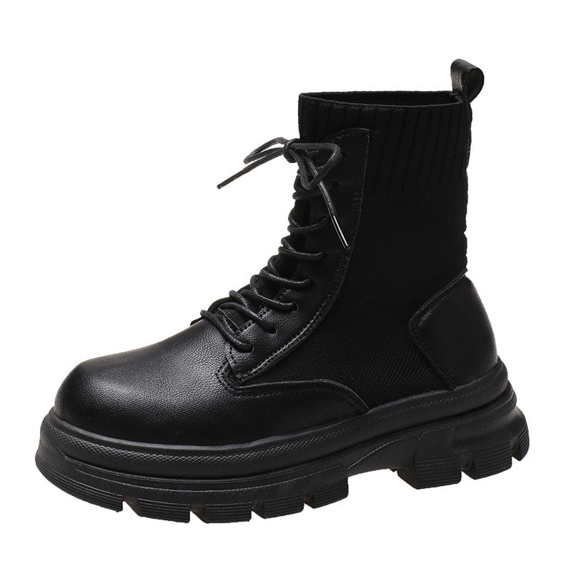 British Style Round Head Lace-up Knitted Mouth Casual Martin Boots Women - EnigmaParis