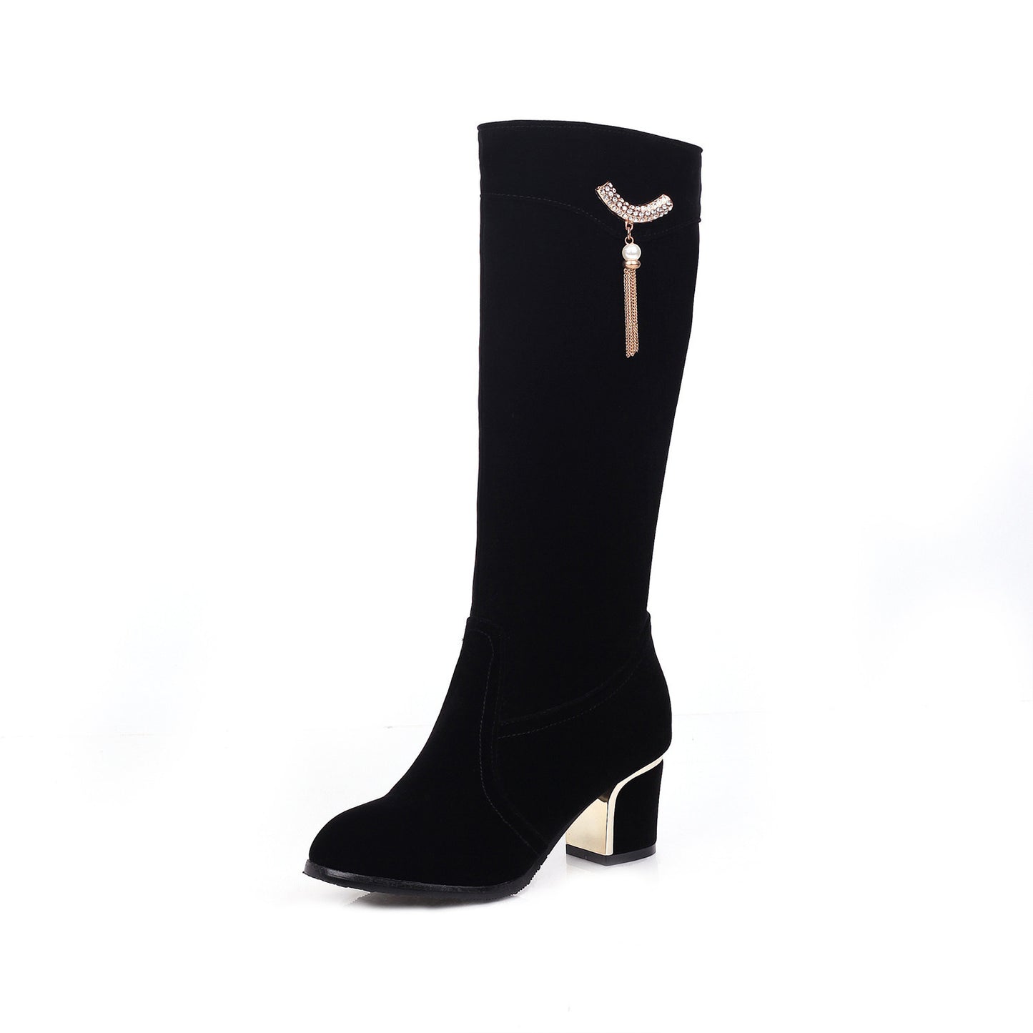 Women's Suede Boots with Metal Rhinestone Pendant - Stylish High Heel Footwear for All Sizes.