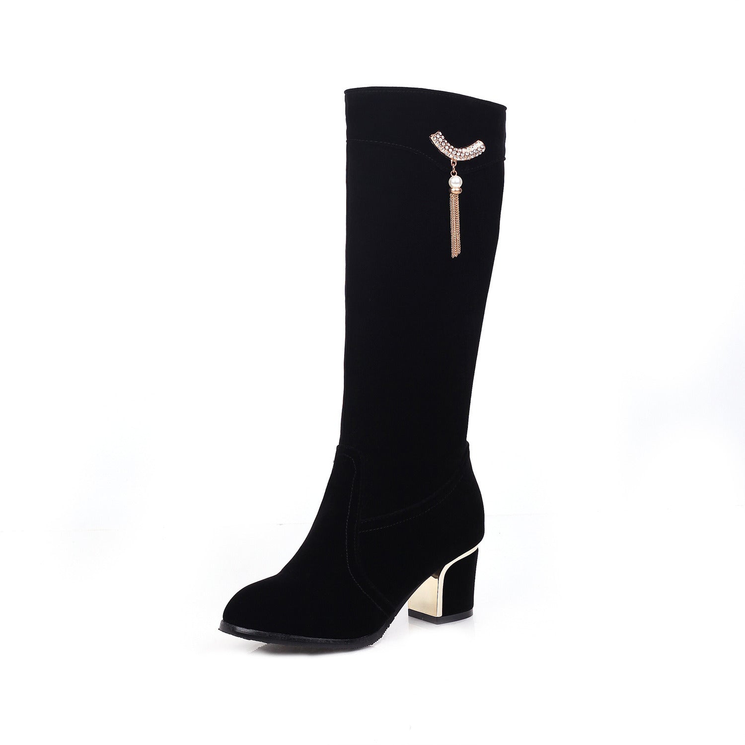 Women's Suede Boots with Metal Rhinestone Pendant - Stylish High Heel Footwear for All Sizes.