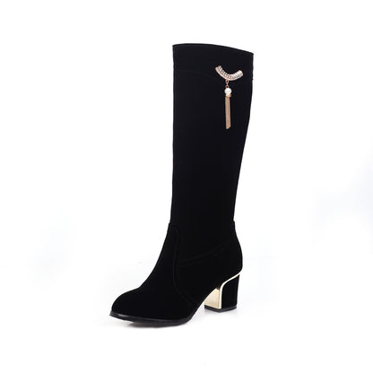 Women's Suede Boots with Metal Rhinestone Pendant - Stylish High Heel Footwear for All Sizes.