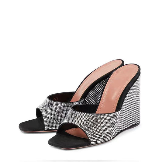 Summer New Square Toe Wedge Full Diamond Muller High Heels Slippers - EnigmaParis
