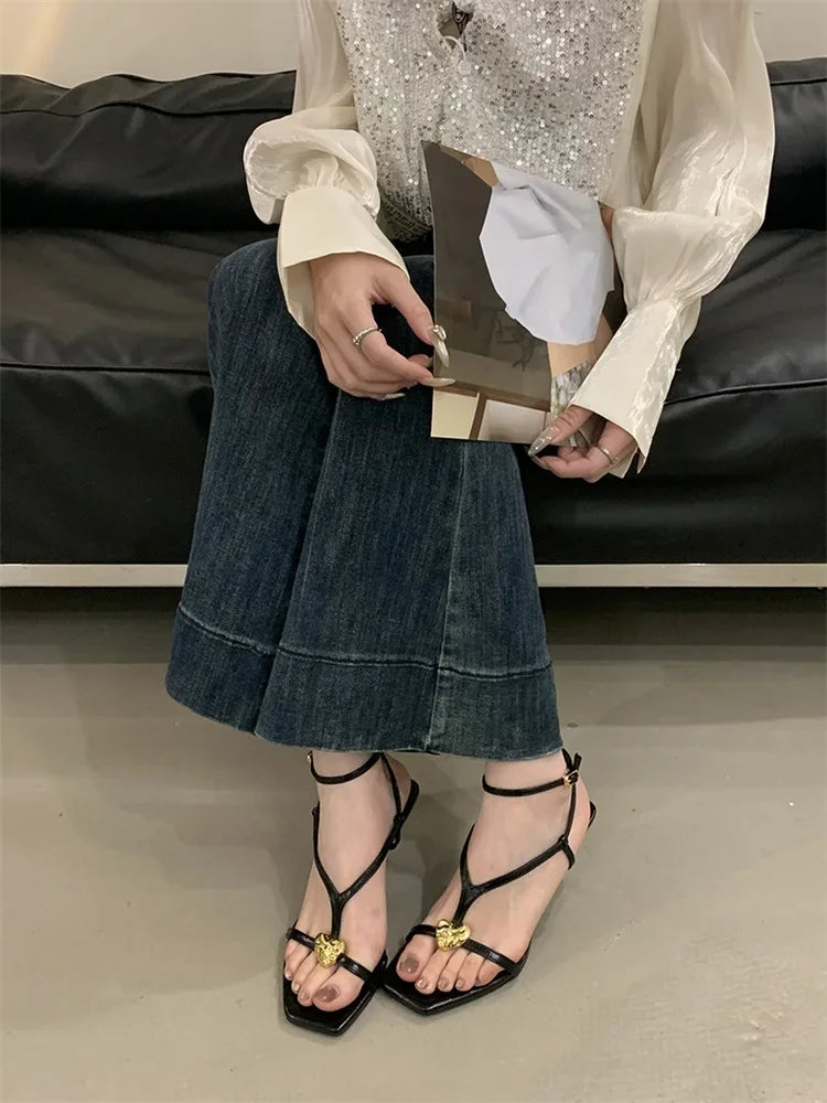 Summer Fashion Metal Buckle Narrow Band Sandals Women Band Open Toe Thin Low Heel Gladiator Party Shoes Zapatos De Mujer