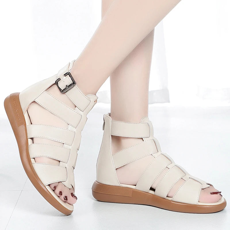 2024 New Women's Tennis Boots Flat Bottom Low Heel Hollow Cool Boots Summer Open Toe Genuine Leather Sandals Flat Shoes