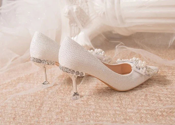 Pumps with Bow on Heeled Wedding Bride Shoe High Heels Shoes for Women Pointed Toe Woman PumpsLoafers Stilito Beau Today Lastest