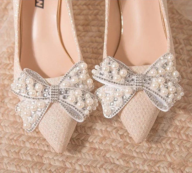 Pumps with Bow on Heeled Wedding Bride Shoe High Heels Shoes for Women Pointed Toe Woman PumpsLoafers Stilito Beau Today Lastest