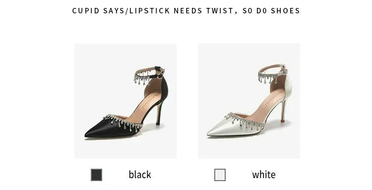 Comemore 2025 White Wedding Bridesmaid Shoes Satin Fashion Rhinestone Fringe Chain High Heels Black Temperament Elegance Pumps