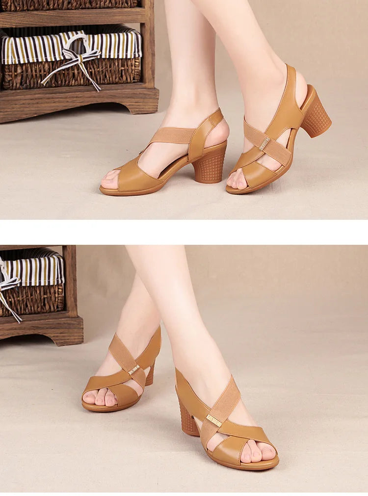 Women Summer Sandals Platform Round Mid Heel Back Strap Peep Toe Pu Leather Beach Casual Fashion Shoes Ladies Female 2023