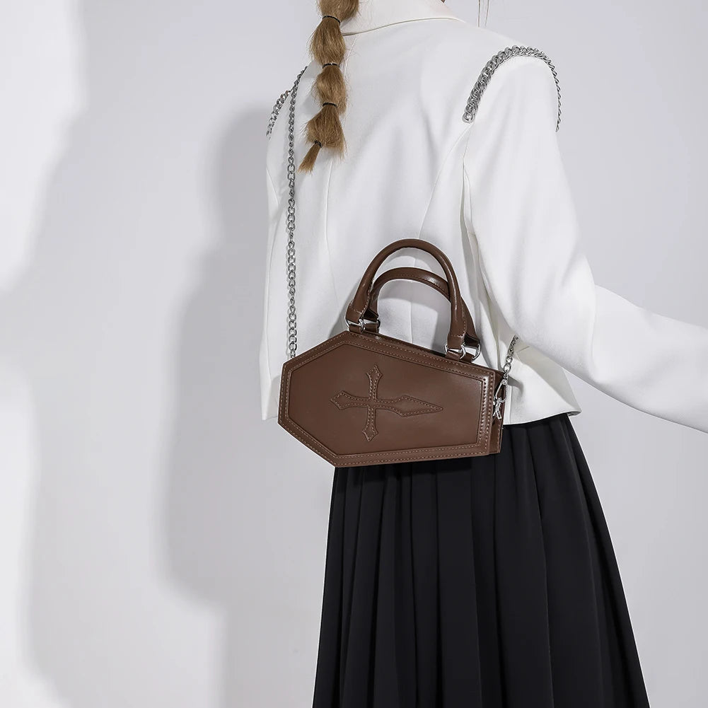 Women's Coffin Shaped Hobo Bag Halloween Chain Crossbody Bag PU Leather Top Handle Bag High Quality Handbags Fashion Sling Purse
